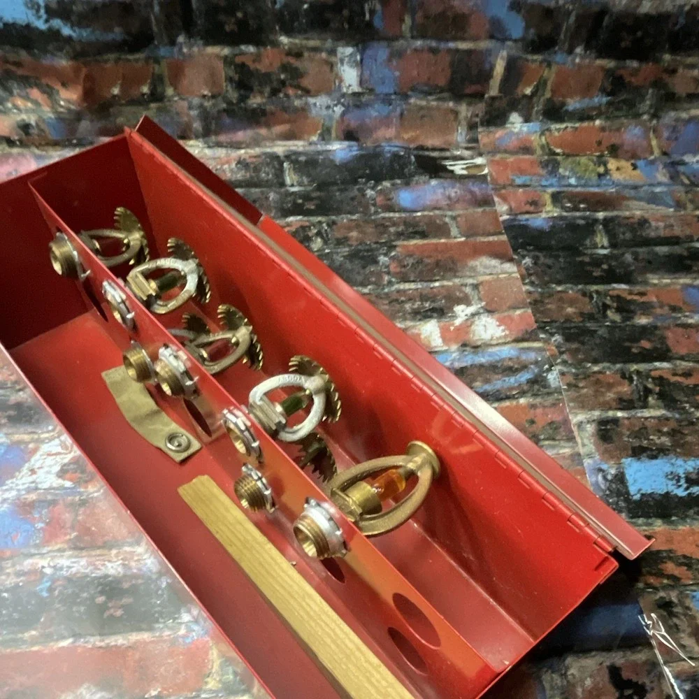 Lot of Sprinkler Heads, Brass w/ Colored Glass Bulbs, Red Case,  vintage